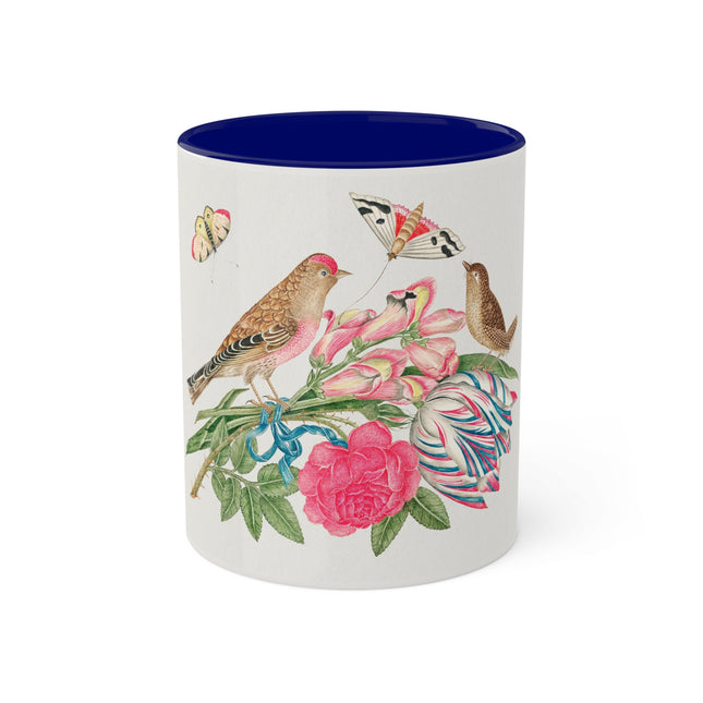 Pair of Brown Birds on Bouquet with Tulip, Rose, Snapdragons, and Butterflies by Anonymous Colorful Mugs, 11oz