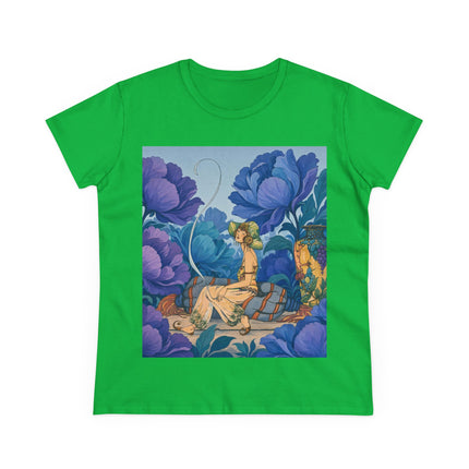 💙🌸 The Lady Among The Blue Blossoms Cotton Tee – Art Deco Floral Reverie