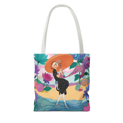 ☂️🌺 The Lady Of The Seaside Parasol Tote Bag – Art Deco Floral Fashion