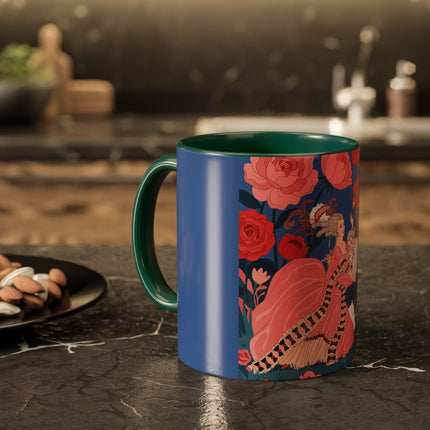 The Lady And The Scarlet Macaw Colorful Mugs – Art Deco Floral Elegance