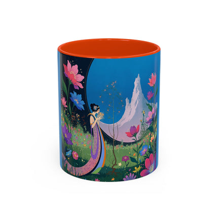 The Lady And The Moonlit Peak Colorful Mugs – Art Deco Alpine Garden Elegance