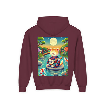 Melodic Kitten by the Koi Pond Youth Hooded Sweatshirt – Peaceful Harmony & Playful Music