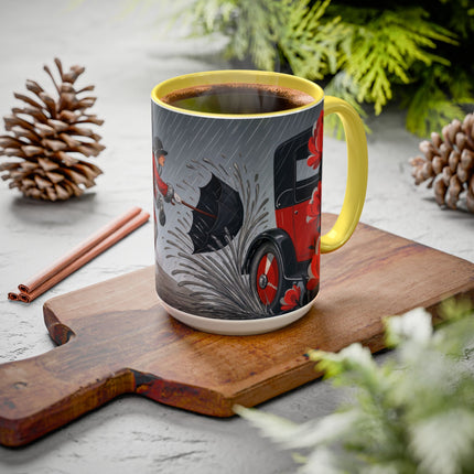 ☔🌹 The Scarlet Rainstorm Promenade Colorful Mug – Art Deco Motoring Elegance