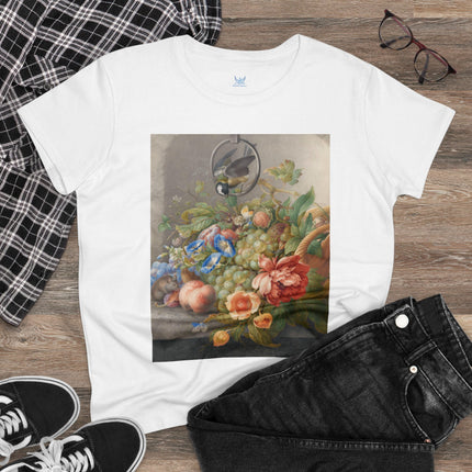 Still Life With Flowers, Fruit, A Great Tit And A Mouse by Herman Henstenburgh Women's Midweight Cotton Tee
