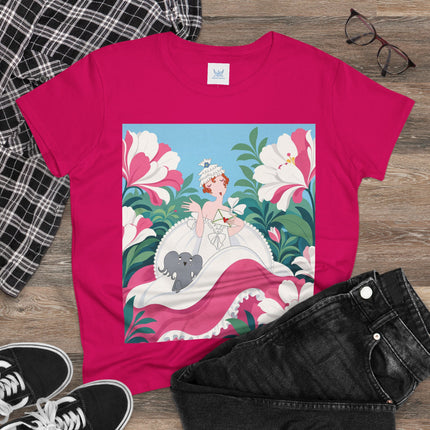 🌸🐘 The Pink Blossom Companion Cotton Tee – Art Deco Floral Whimsy