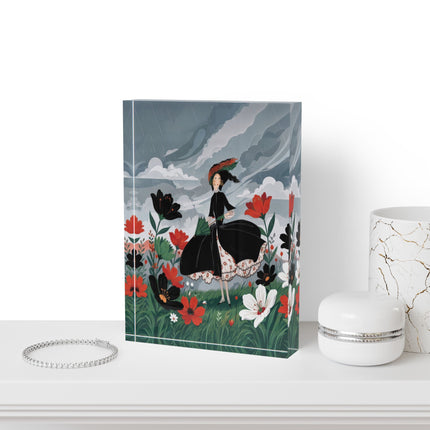🌧️🌺 The Lady Of The Rainy Flower Meadow Acrylic Art Block – Art Deco Floral Whimsy