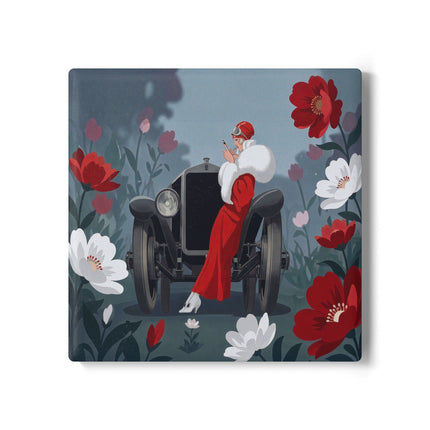🚗🌺 The Lady Of The Grand Touring Car Ceramic Coaster – Art Deco Motoring Elegance