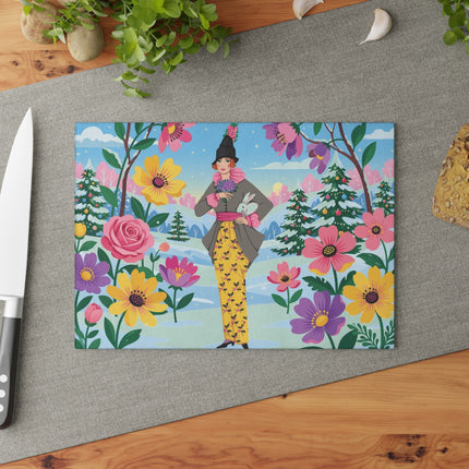 🐇❄️ The Lady Of The Winter Rabbit Garden Glass Cutting Board – Art Deco Holiday Fantasy