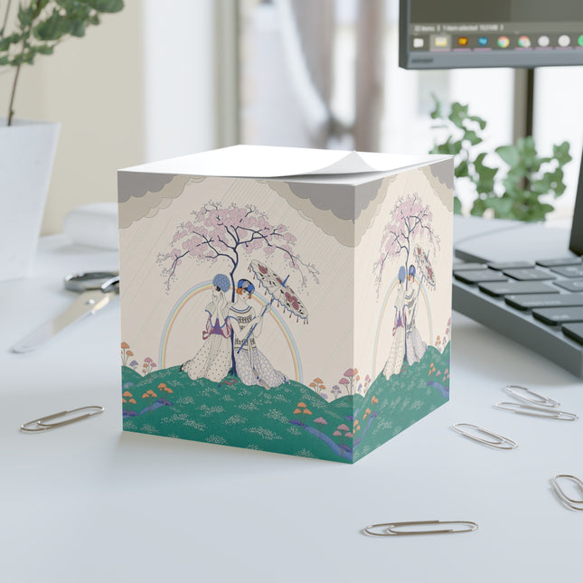 🌈☂️ Beneath The Rainbow Tree Note Cube – Art Deco Spring Fantasy