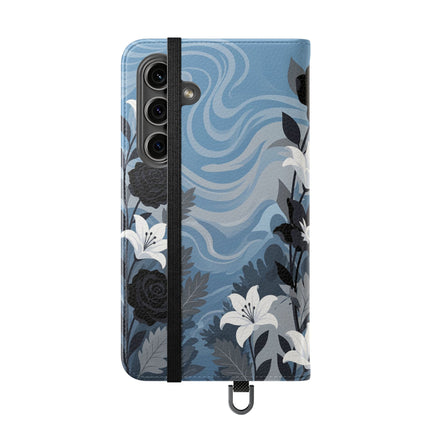 🖤🤍 The Lady Of The Black Rose Garden Flip Case – Art Deco Floral Elegance