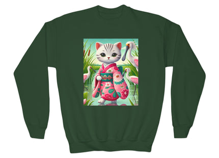 Geisha Kitten Strolls Among the Spoonbills Youth Crewneck Sweatshirt
