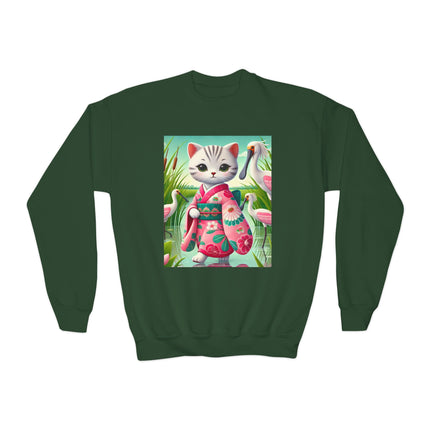 Geisha Kitten Strolls Among the Spoonbills Youth Crewneck Sweatshirt – Grace, Nature & Whimsical Elegance