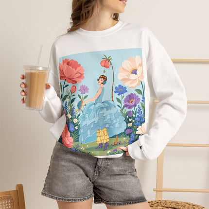 🌸🩵 The Blue Ruffle Garden Crewneck Sweatshirt – Art Deco Floral Whimsy
