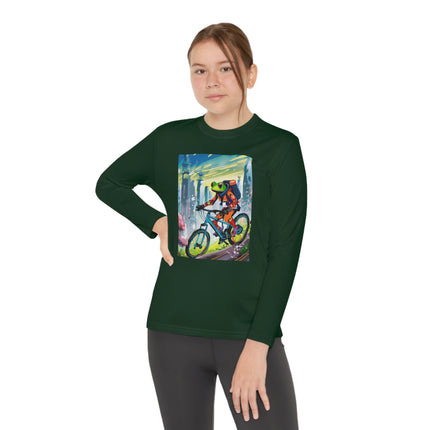 Cyberpunk Frog Youth Long Sleeve Competitor Tee – Neon Trails & Futuristic Adventure