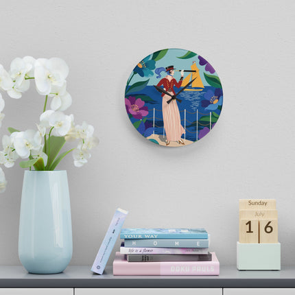 🔭⛵ The Lady Of The Seaside Spyglass Acrylic Wall Clock – Art Deco Coastal Elegance
