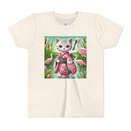 Geisha Kitten Strolls Among the Spoonbills Youth Short Sleeve Tee