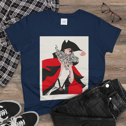 Crimson Masquerade Women's Midweight Cotton Tee – Dramatic Elegance & Art Deco Mystery