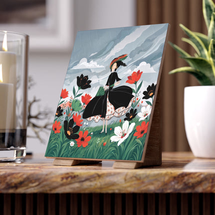 🌧️🌺 The Stormy Flower Walk Ceramic Tile – Art Deco Floral Fashion