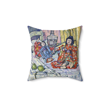 Japanese Dolls With Apples by Eugenie Bandell Spun Polyester Square Pillow