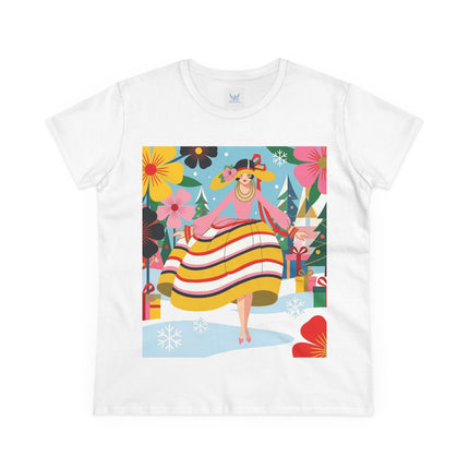 🎄🌸 The Christmas Blossom Belle Cotton Tee – Art Deco Holiday Whimsy