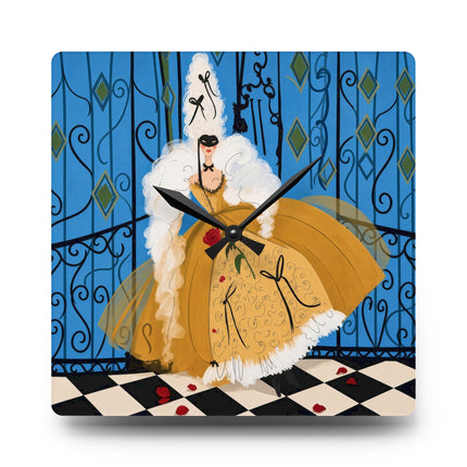 🎭🌹 The Lady Of The Golden Masquerade Acrylic Wall Clock – Art Deco Fashion Elegance