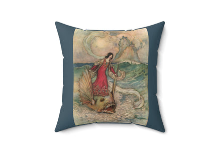 Rita Rides on the Dolphin by Warwick Goble Spun Polyester Square Pillow