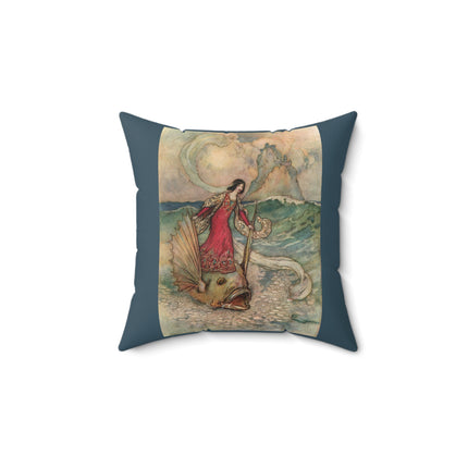 Rita Rides on the Dolphin by Warwick Goble Spun Polyester Square Pillow