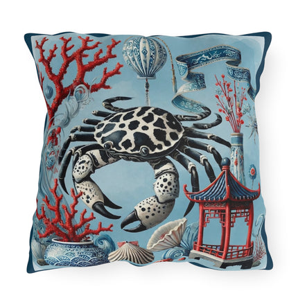 Spotted Crab & Pagoda Outdoor Pillows – Mystical Ocean & Asian Harmony