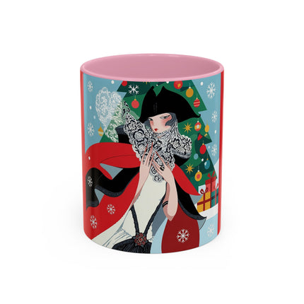 ❤️ The Lady Of The Crimson Scarf Colorful Mug – Art Deco Christmas Elegance