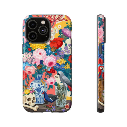 Floral Vanitas Phone Case – Parrot & Porcelain Splendor