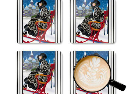 Elegant Winter Woman in Sleigh Corkwood Coaster Set