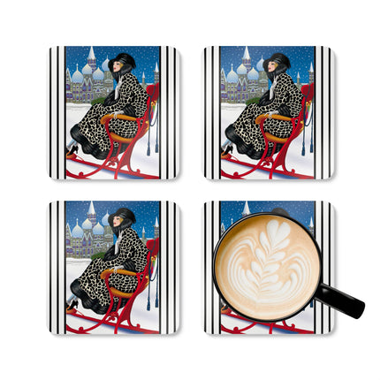 Elegant Winter Woman in Sleigh Corkwood Coaster Set