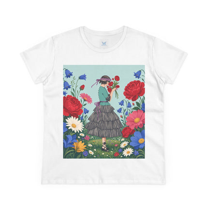 🌹💙 The Rose Bouquet Promenade Cotton Tee – Art Deco Floral Whimsy