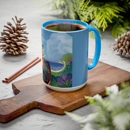 The Lady And The Sea Breeze Colorful Mugs – Art Deco Coastal Serenity