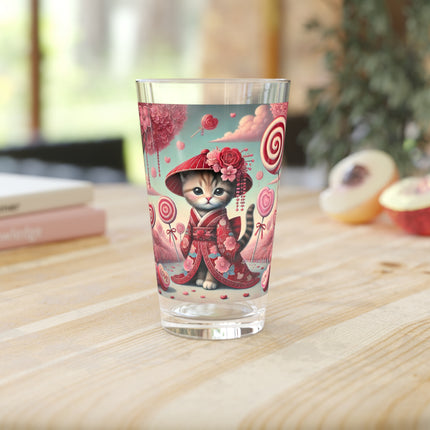 Whimsical Geisha Kitten in a Valentine Garden Glass, 16oz
