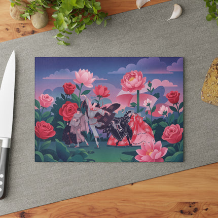 🌹🎭 The Rose Garden Masquerade Glass Cutting Board – Art Deco Floral Fantasy