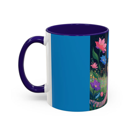 The Lady And The Moonlit Peak Colorful Mugs – Art Deco Alpine Garden Elegance