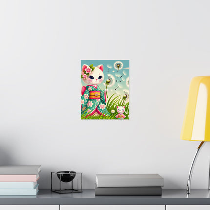 🌾🌼 Geisha Kitten and the Dandelion Wish Matte Vertical Poster – Gentle Wishes & Quiet Wonder