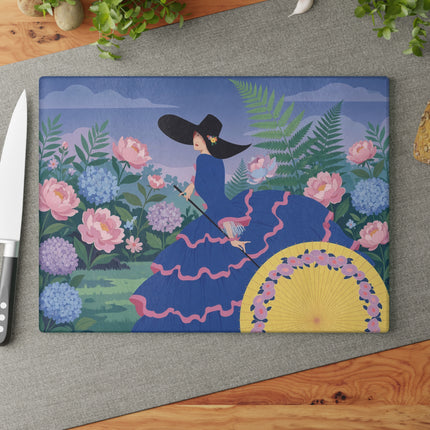 🌸🎩 The Lady Of The Hydrangea Promenade Glass Cutting Board – Art Deco Garden Elegance