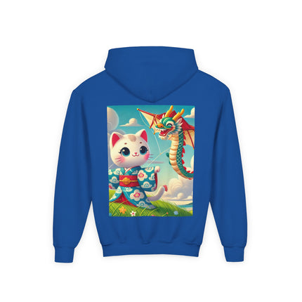 Geisha Kitten and the Dragon Kite Youth Hooded Sweatshirt – Bold Energy & Sky-High Adventure