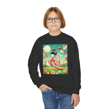 Geisha Fairy and the Hummingbird Blossom Youth Crewneck Sweatshirt – Magic, Grace & Dreamlike Beauty
