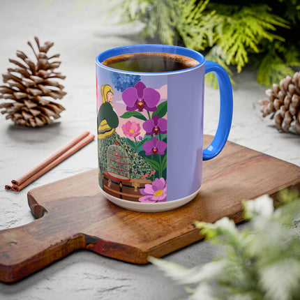The Lady And The Crimson Birdcage Colorful Mugs – Art Deco Tropical Garden Elegance