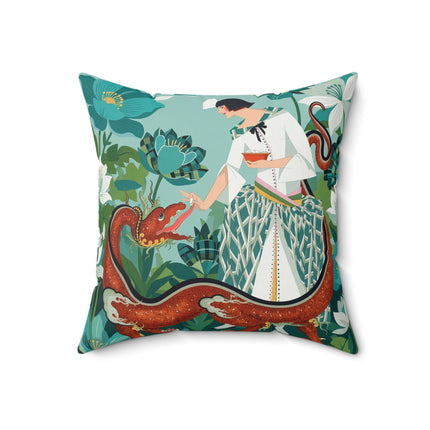 🐉🌿 The Dragon Keeper Square Pillow – Art Deco Floral Fantasy