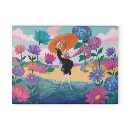 🌸☂️ The Lady Of The Painted Parasol Glass Cutting Board – Art Deco Floral Seaside Elegance
