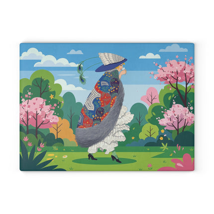 🦚🌸 The Peacock Garden Stroll Glass Cutting Board – Art Deco Fashion Elegance