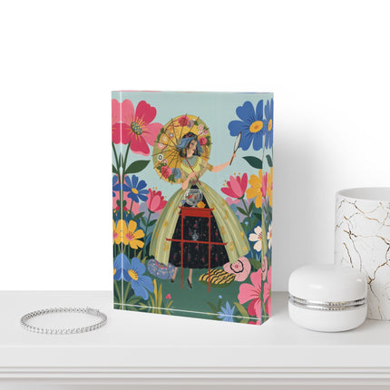 🌸🪞 The Lady Of The Flower Parasol Acrylic Art Block – Art Deco Garden Whimsy