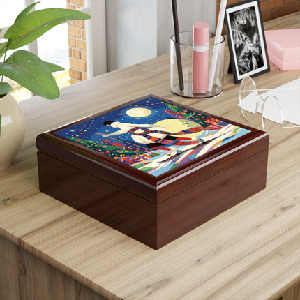 🌙🎿 The Moonlit Christmas Skier Jewelry Box – Whimsical Holiday Fantasy