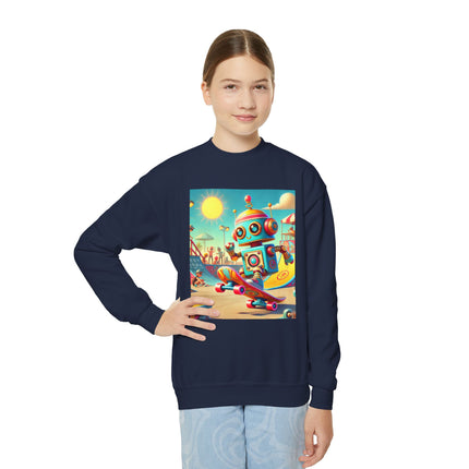 Skate Park Robot Youth Crewneck Sweatshirt – Energy, Motion & Retro-Futuristic Fun