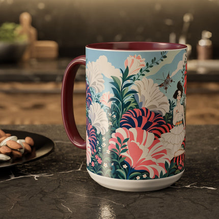 🌸🦋 The Enchanted Pink Blossom Retreat Colorful Mug – Art Deco Floral Whimsy