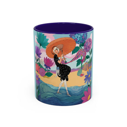 The Lady Of The Coral Parasol Colorful Mugs – Art Deco Coastal Elegance